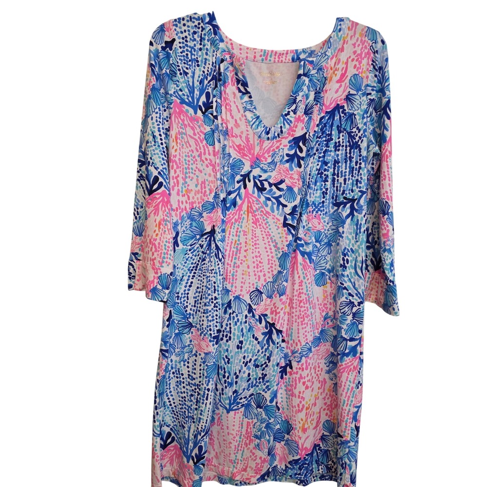 Lilly Pulitzer Shift Dress Womens M v-neckline Pink Blue Coastal Shells Stretch
